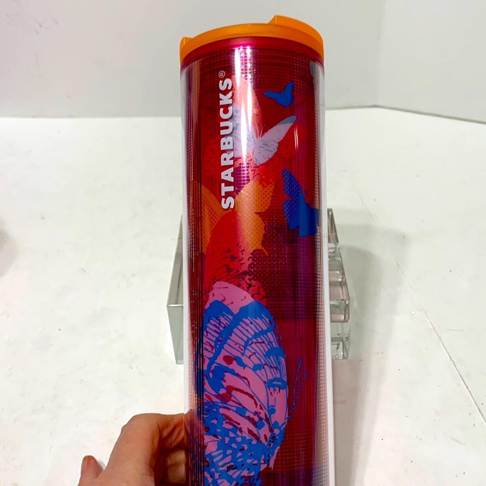 Bright pink butterflies plaid stripe 16 Oz Starbucks tumbler